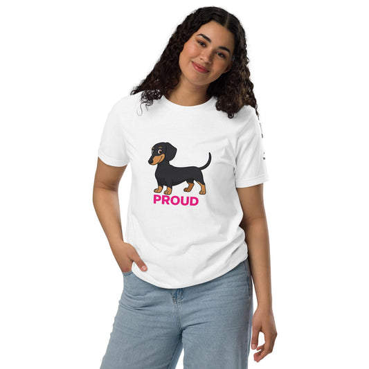 Proud Dachshund Unisex Tee: Pink Text, Sausage Dog Lover Gift